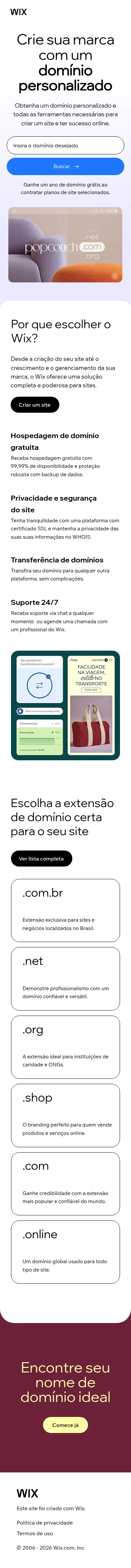 pt.wix.com/lp-pt/domain on mobile, full screenshot