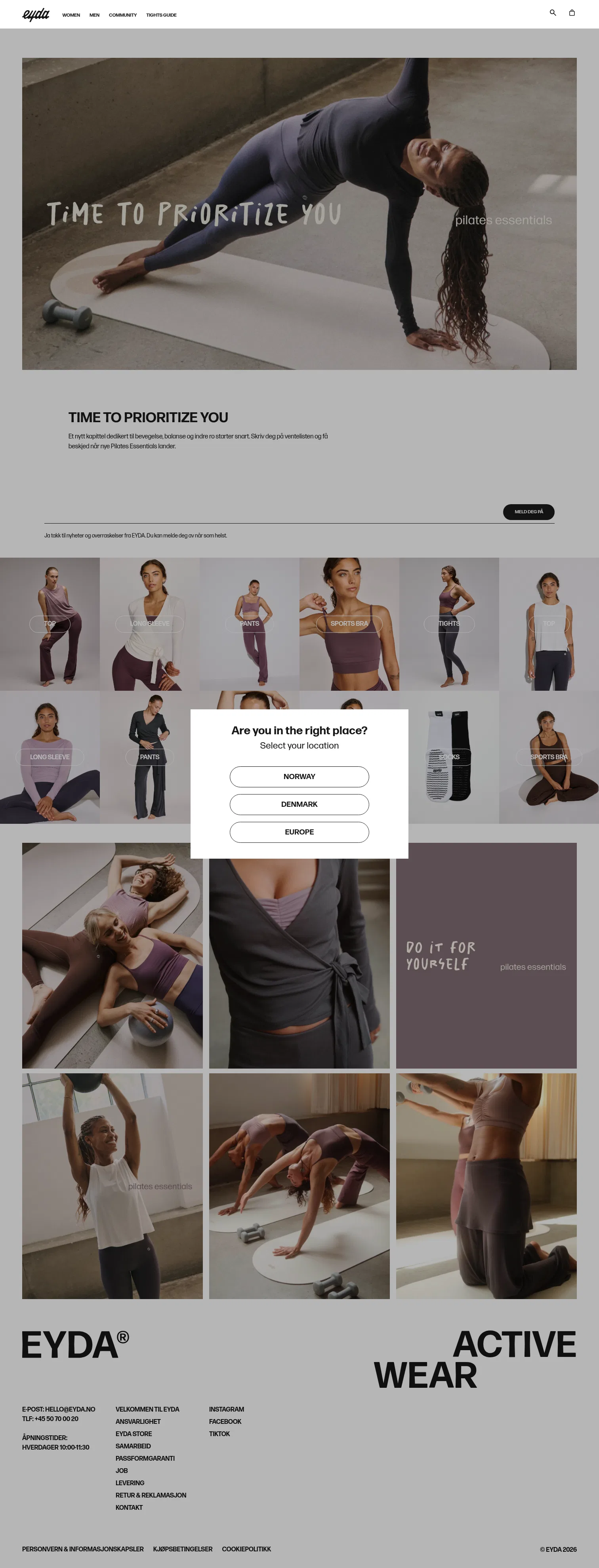 eyda.no/pages/pilates-teasing on desktop, full screenshot