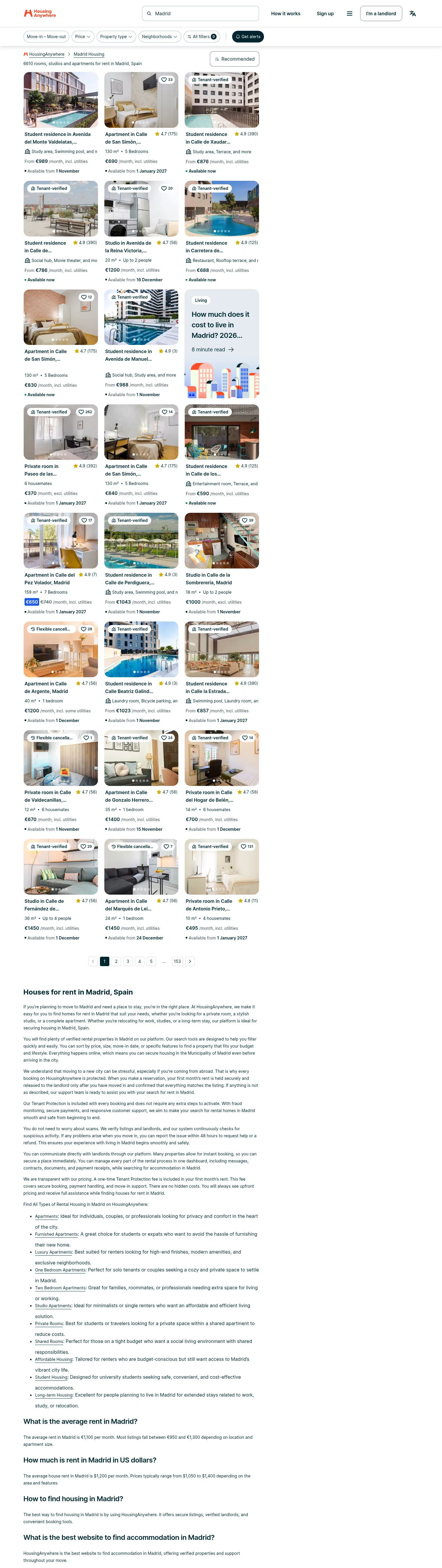 housinganywhere.com/s/Madrid--Spain on desktop, full screenshot