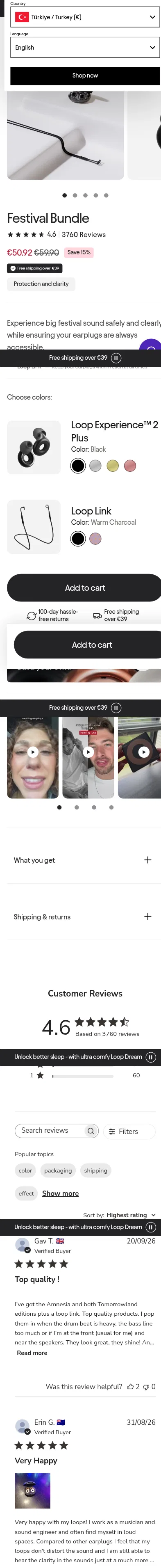loopearplugs.com/products/festival-bundle on mobile, full screenshot