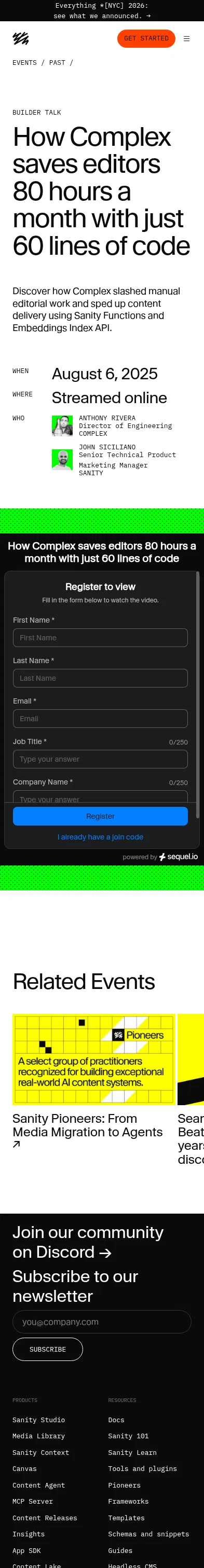 sanity.io/events/complex on mobile, full screenshot