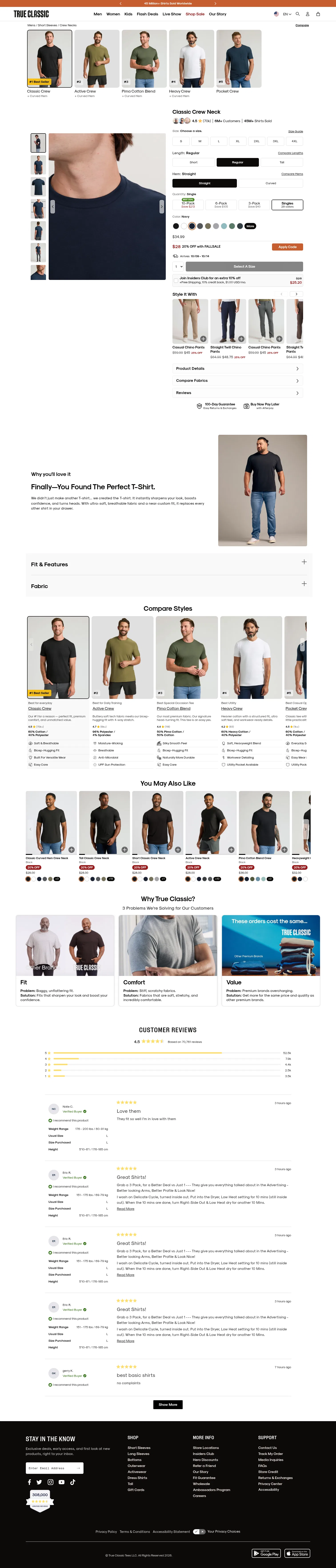 trueclassictees.com/products/navy-crew-neck-tee on desktop, full screenshot