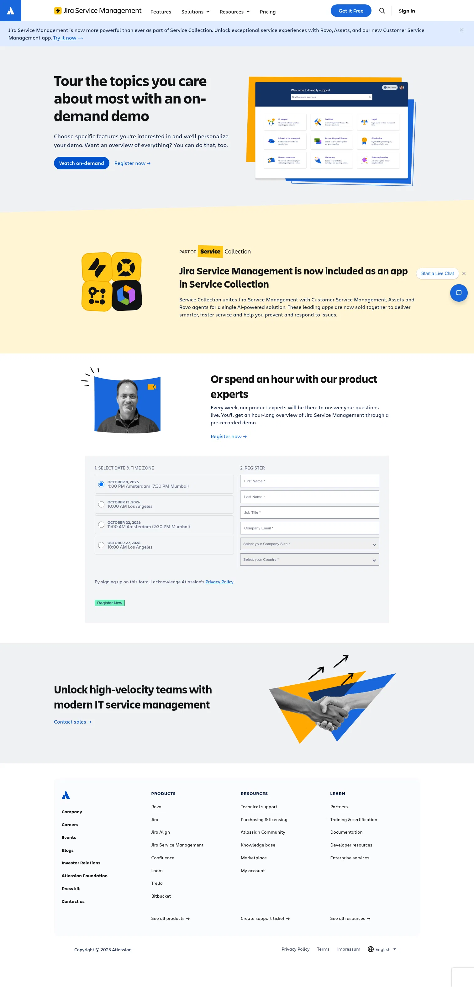 atlassian.com/software/jira/service-management/demo on desktop, full screenshot