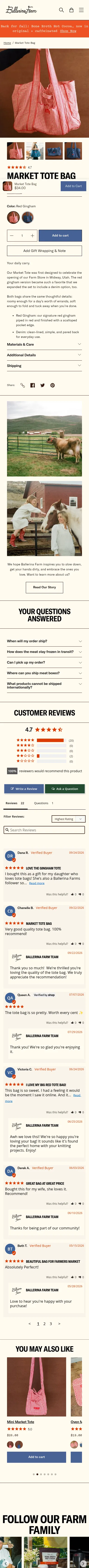 ballerinafarm.com/products/market-tote on mobile, full screenshot