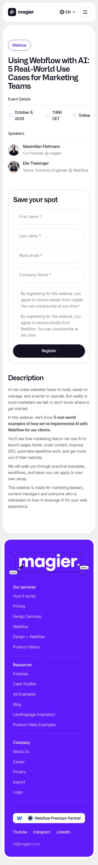 magier.com/events/using-webflow-with-ai-5-real-world-use-cases-for-marketing-teams on mobile, full screenshot