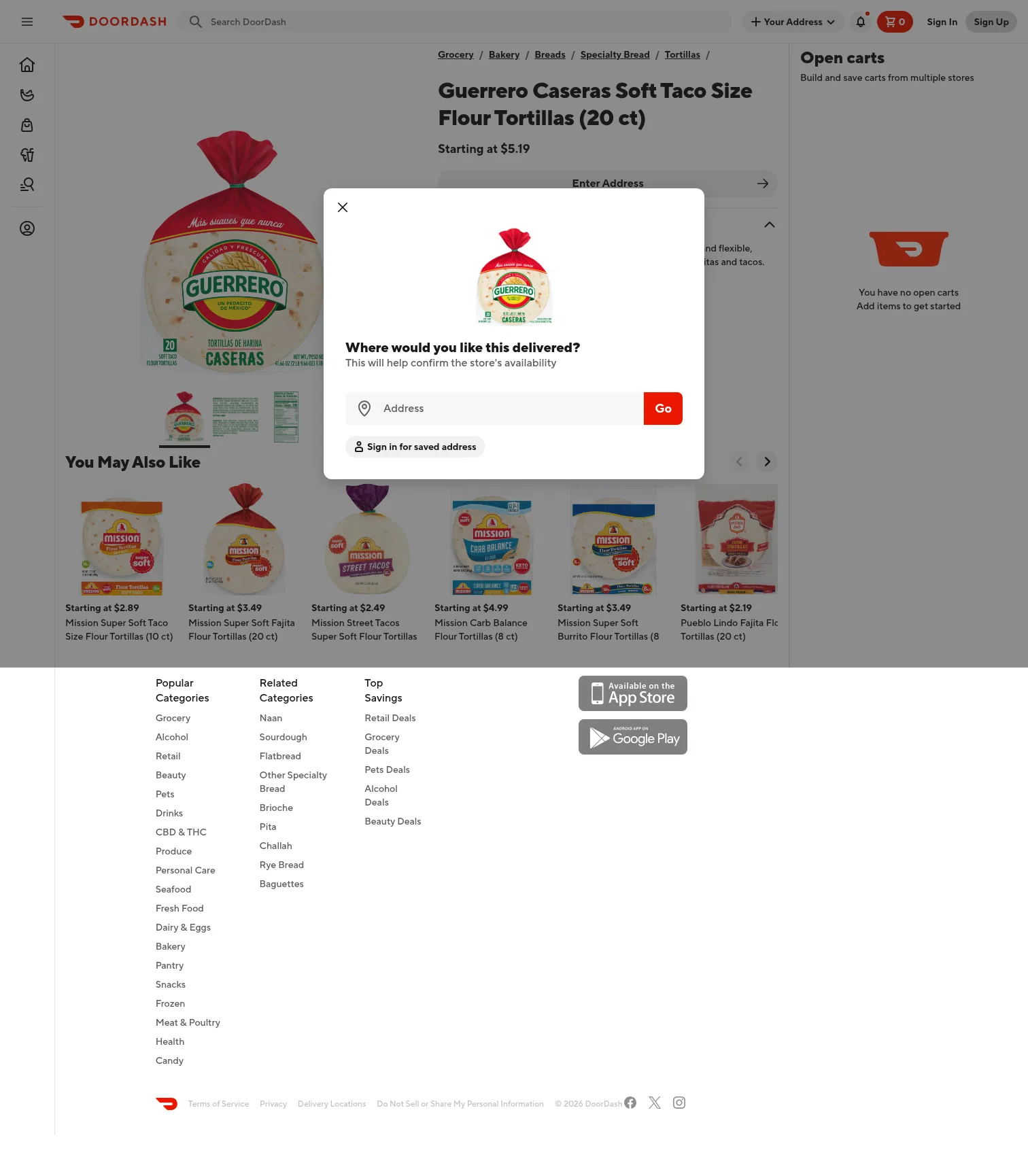 doordash.com/products/guerrero-caseras-soft-taco-flour-tortillas-(20-ct)/urpc_2a12a20b-9a79-4836-8635-96cac93d0a86 on desktop, full screenshot