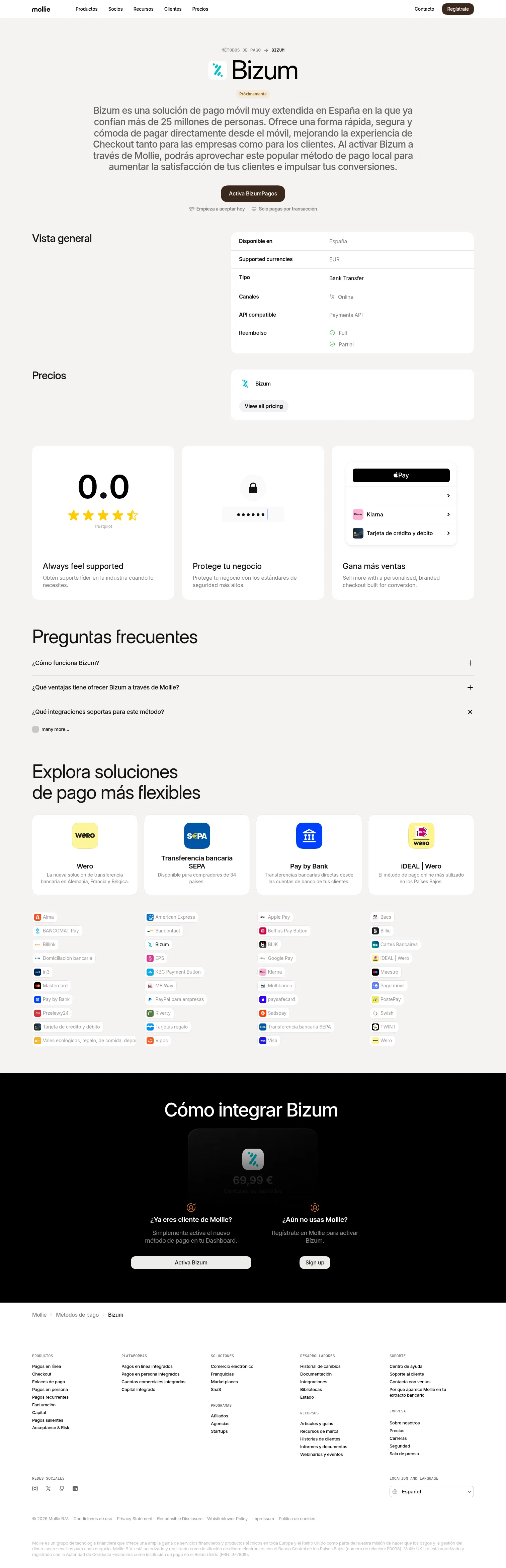 mollie.com/es/payments/bizum on desktop, full screenshot