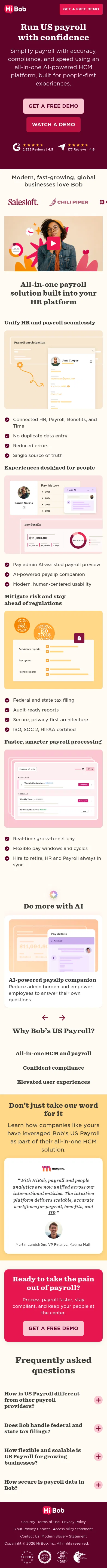 hibob.com/lp/payroll-us on mobile, full screenshot