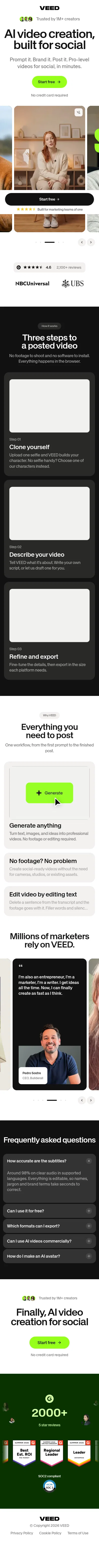 veed.io/paid-lp/narratives/marketing-teams on mobile, full screenshot