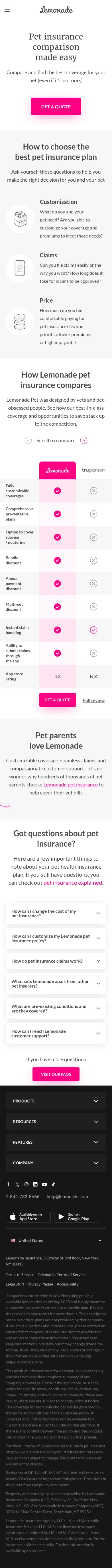 lemonade.com/pet/compare on mobile, full screenshot