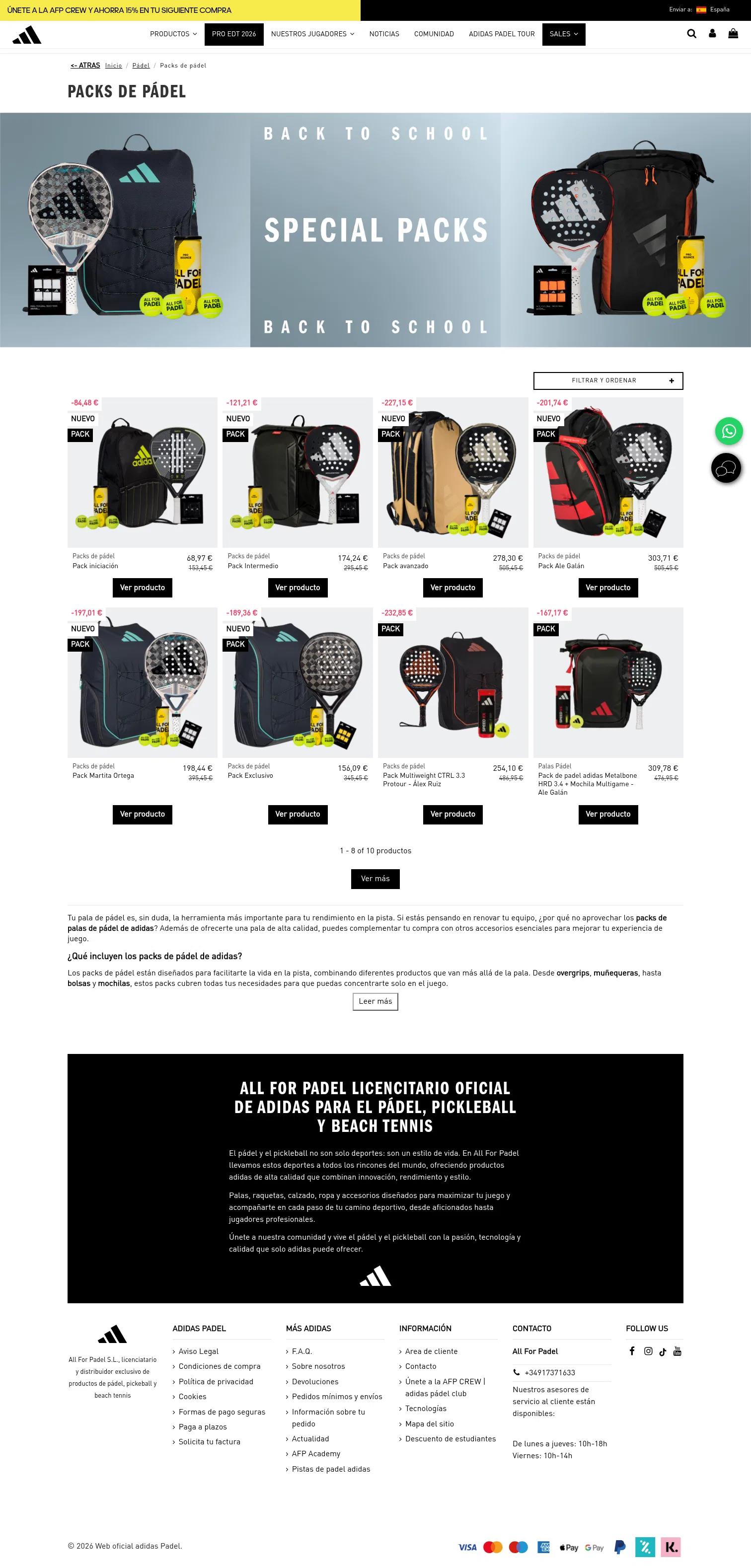 allforpadel.com/es/109-packs-de-padel on desktop, full screenshot