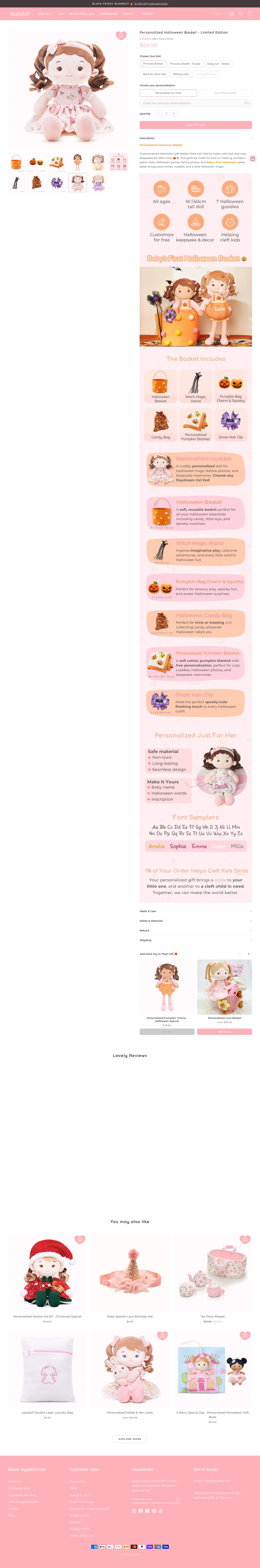 leyadoll.com/products/personalized-halloween-basket on desktop, full screenshot