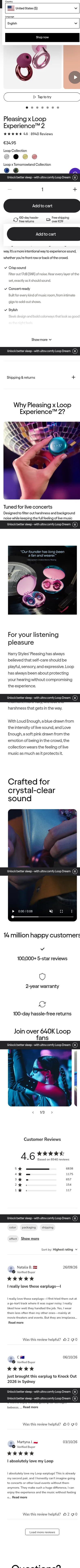loopearplugs.com/products/experience-2-x-pleasing on mobile, full screenshot