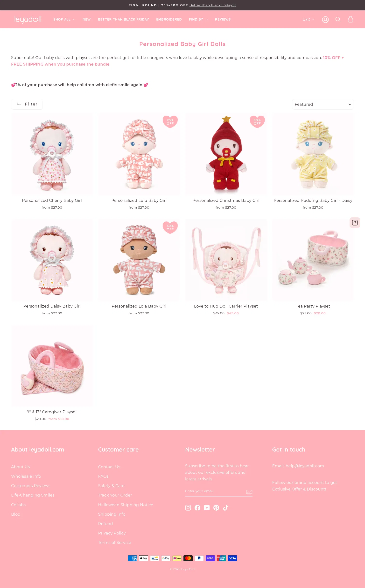 leyadoll.com/collections/personalized-baby-girl-dolls on desktop, full screenshot