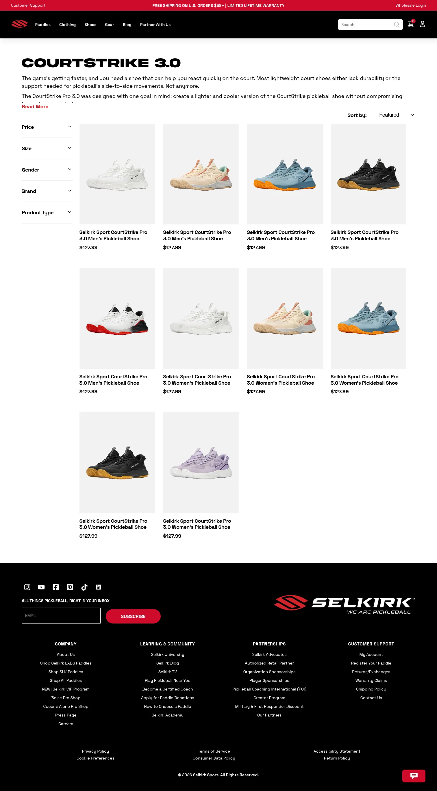 selkirk.com/collections/courtstrike-3-0 on desktop, full screenshot