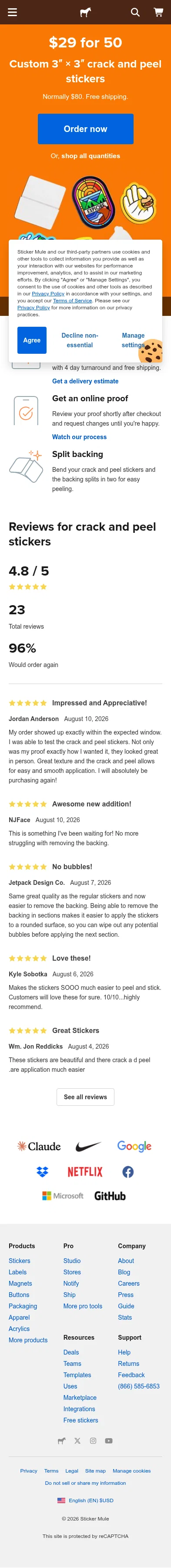 stickermule.com/deals on mobile, full screenshot