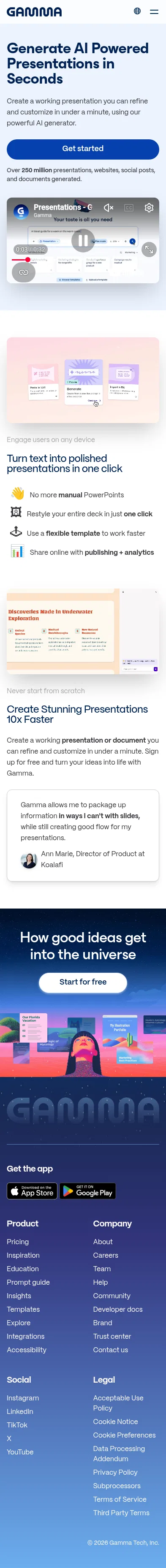 gamma.app/ai-presentations on mobile, full screenshot