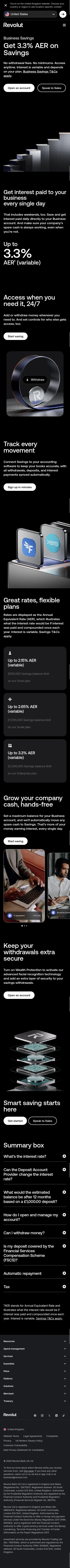 revolut.com/business/savings on mobile, full screenshot