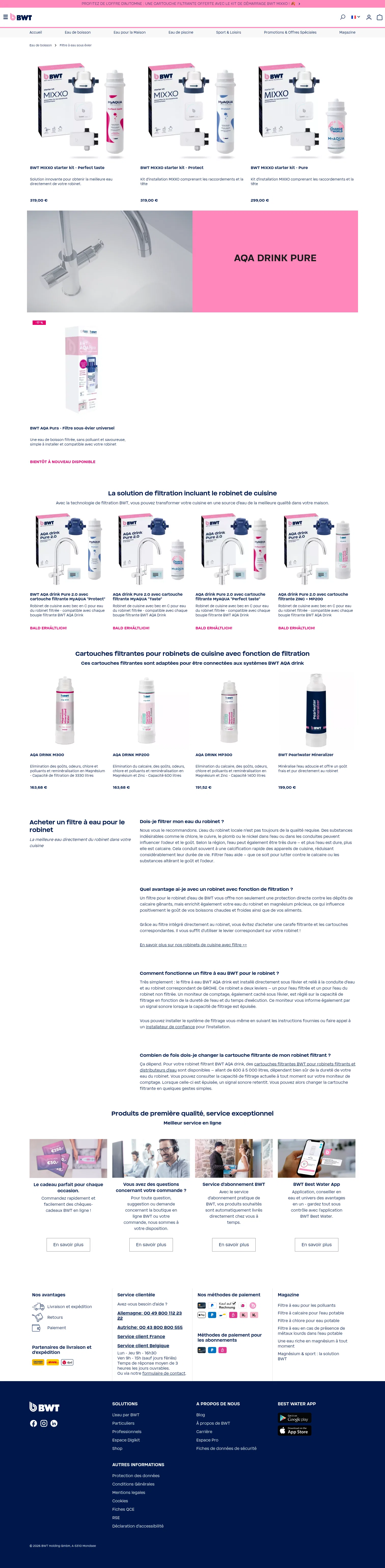 bwt.com/fr-fr/shop/Eau-de-boisson/Filtre-a-eau-sous-evier on desktop, full screenshot
