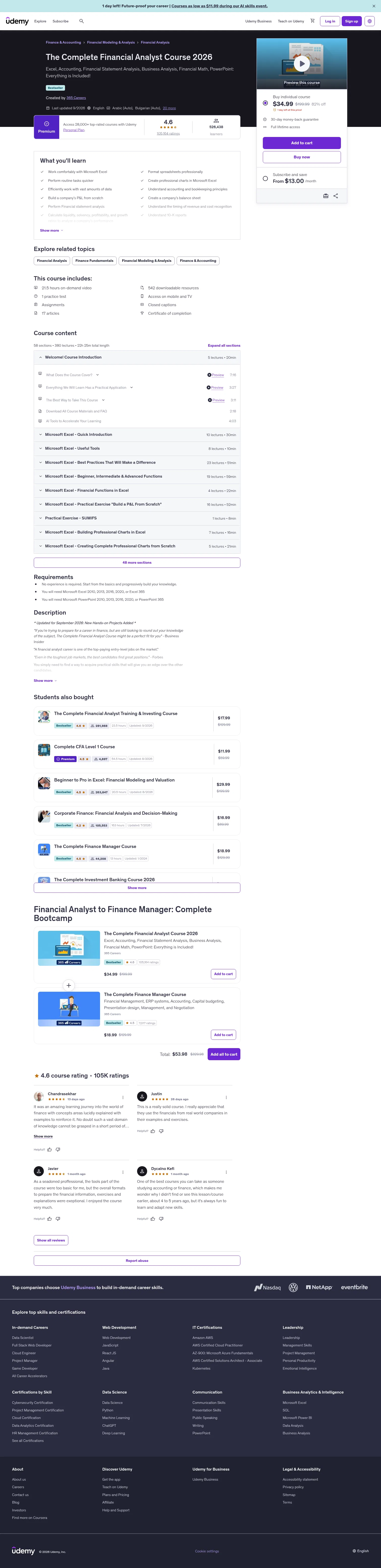 udemy.com/the-complete-financial-analyst-course on desktop, full screenshot