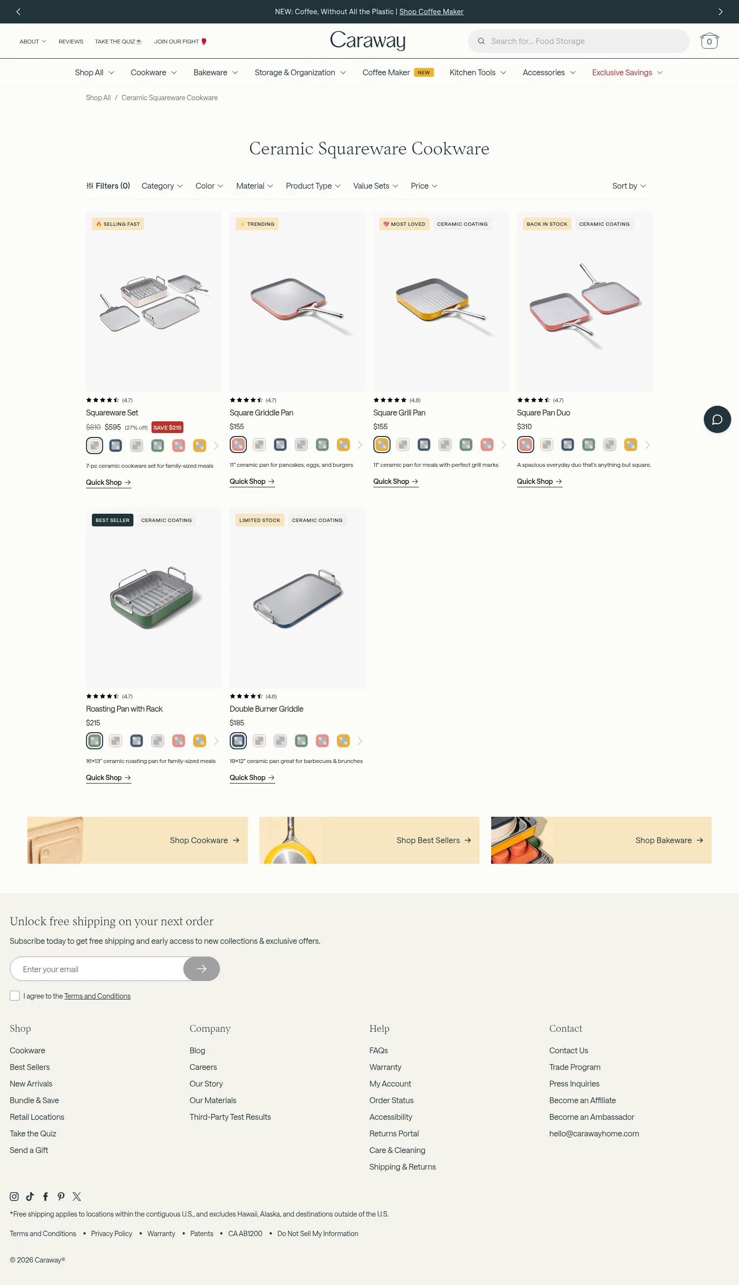 carawayhome.com/collections/ceramic-squareware-cookware on desktop, full screenshot