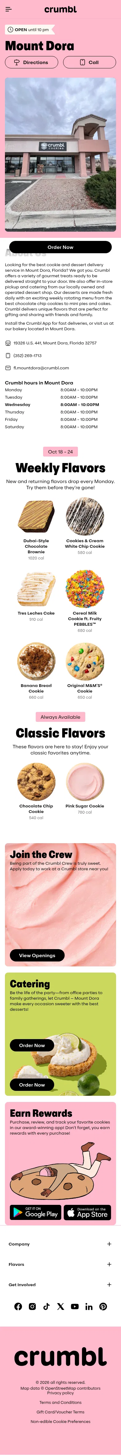 crumblcookies.com/stores/fl/flmountdora on mobile, full screenshot