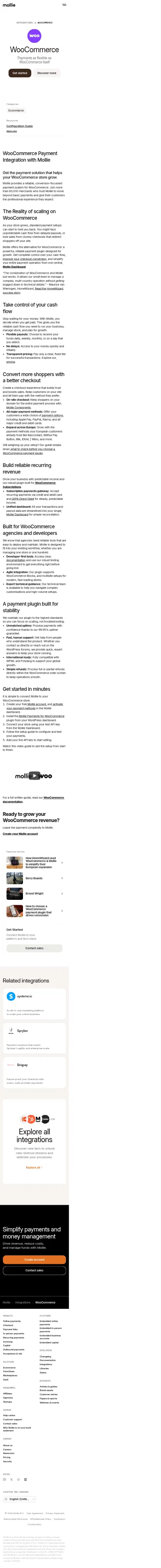 mollie.com/gb/integrations/woocommerce on mobile, full screenshot