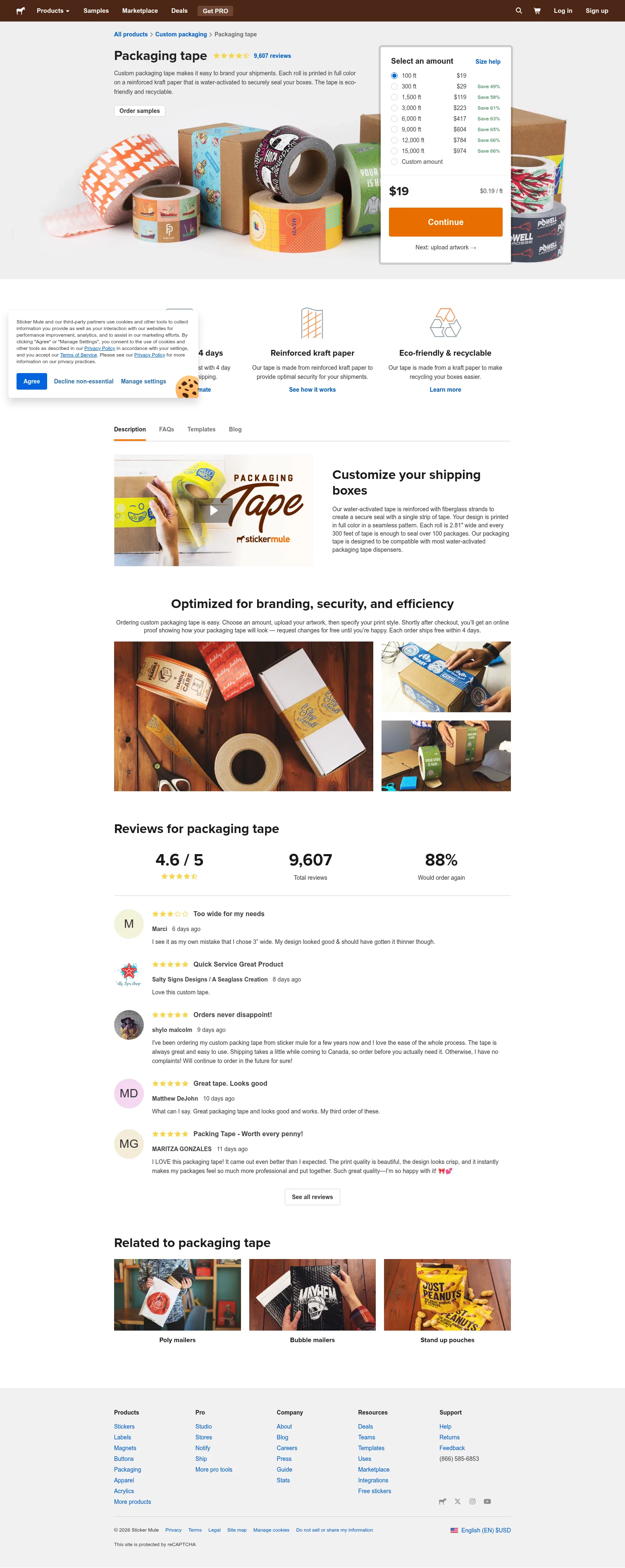 stickermule.com/products/packaging-tape on desktop, full screenshot