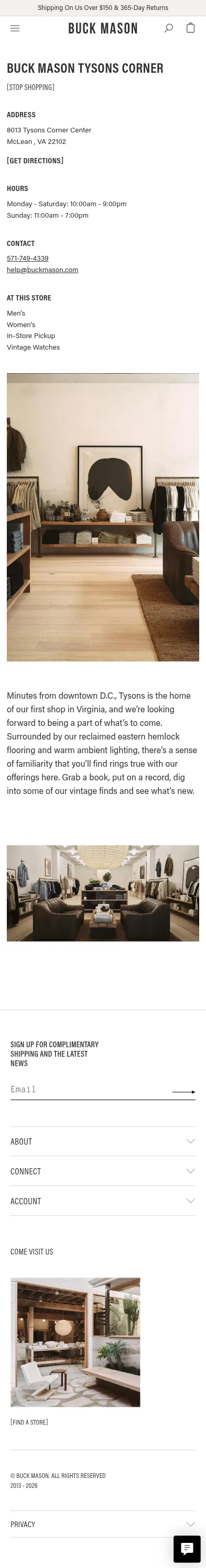 buckmason.com/pages/tysons-corner on mobile, full screenshot