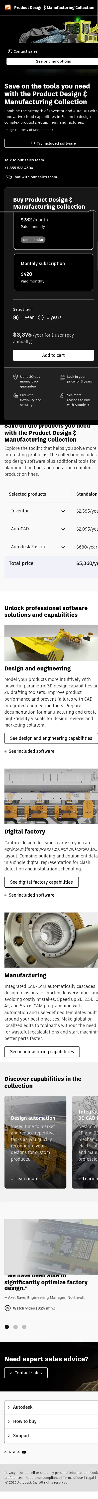 autodesk.com/collections/product-design-manufacturing/overview on mobile, full screenshot