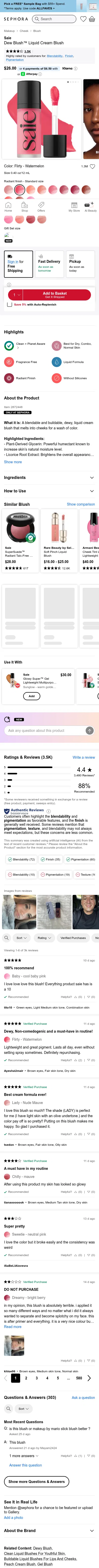 sephora.com/product/saie-dew-blush-liquid-cheek-blush-P469825 on mobile, full screenshot
