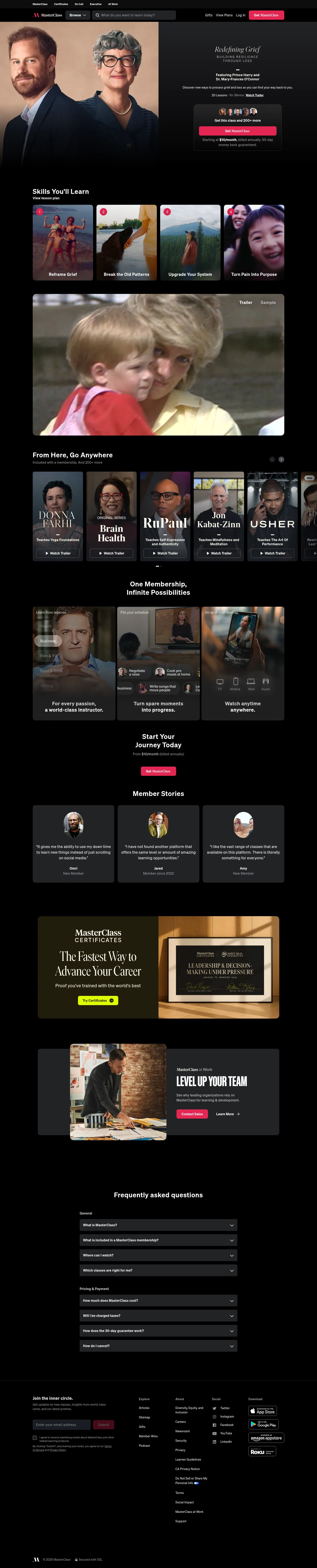 masterclass.com/classes/redefining-grief on desktop, full screenshot
