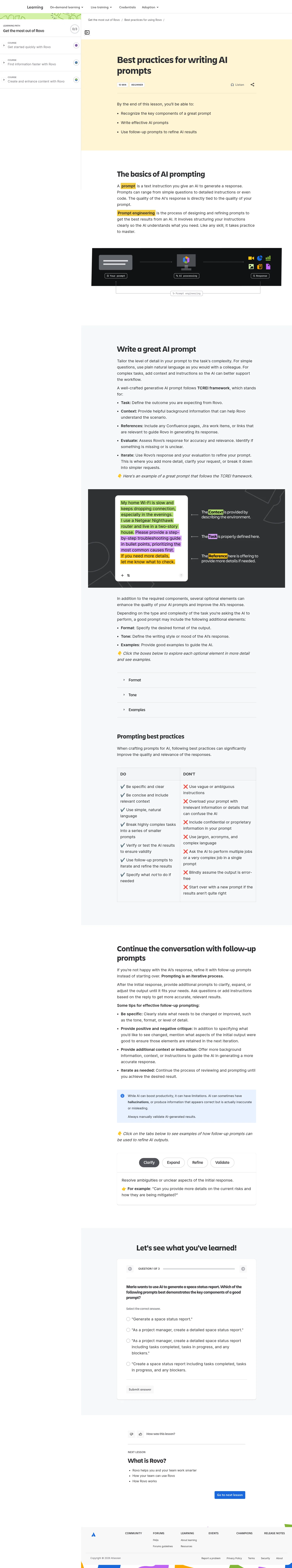 community.atlassian.com/learning/path/get-the-most-out-of-rovo/course/best-practices-for-using-rovo/lesson/best-practices-for-writing-ai-prompts on desktop
