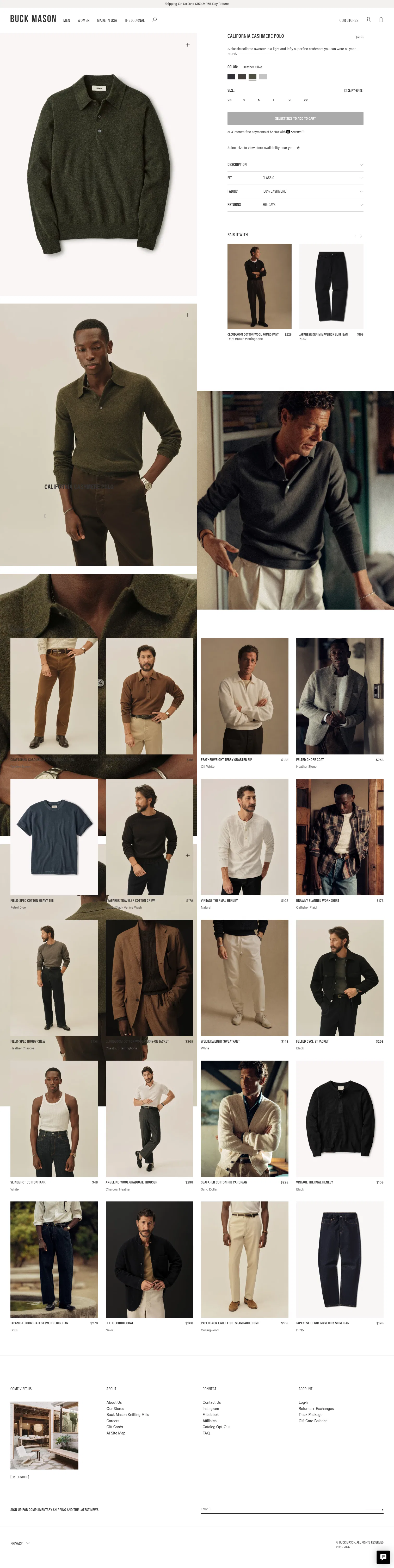 buckmason.com/products/heather-olive-california-cashmere-polo on desktop, full screenshot
