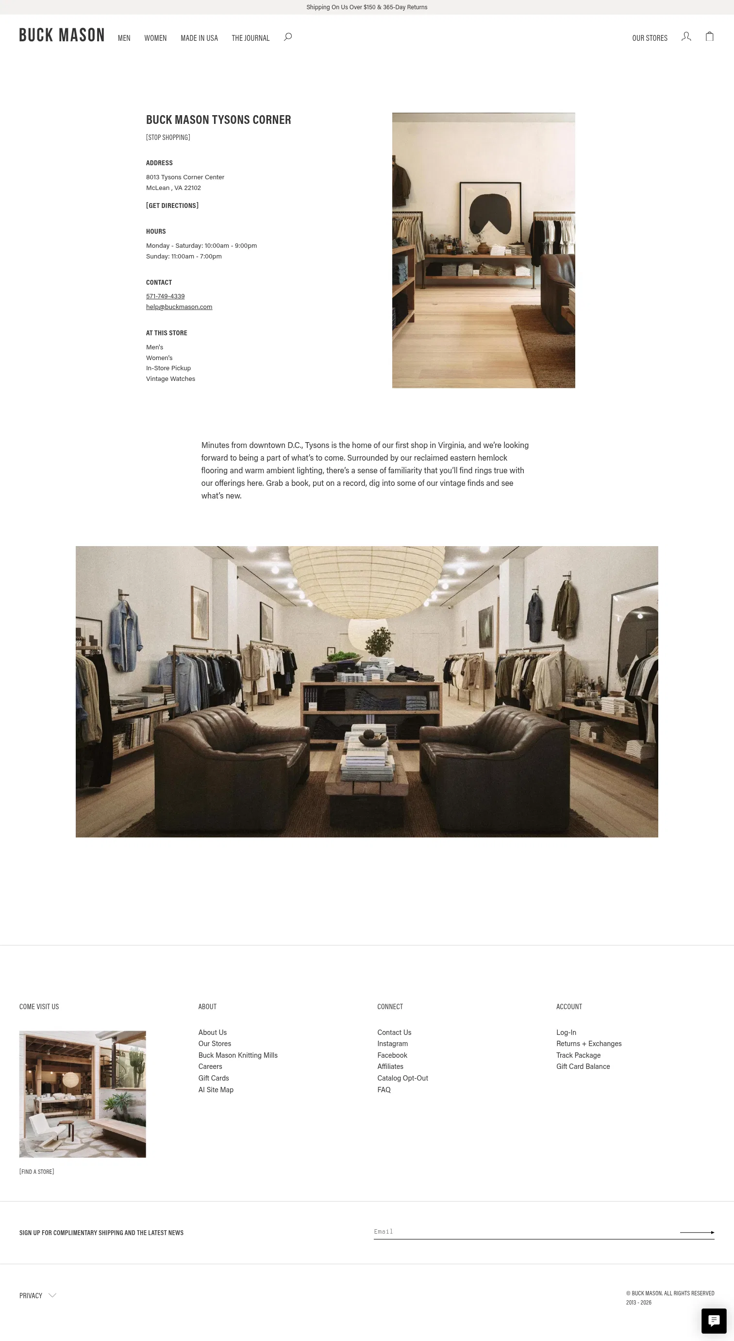 buckmason.com/pages/tysons-corner on desktop, full screenshot