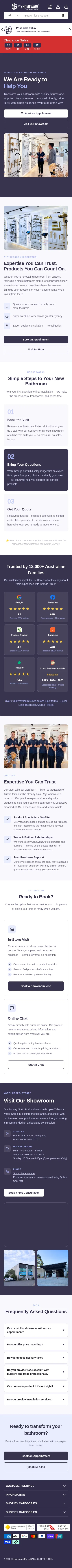 myhomeware.com.au/pages/bathroom-showroom-near-me on mobile, full screenshot