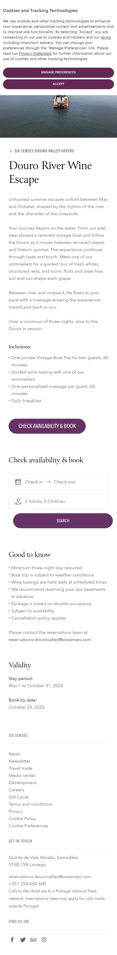sixsenses.com/en/hotels-resorts/europe/portugal/douro-valley/offers/wine-escape on mobile, full screenshot