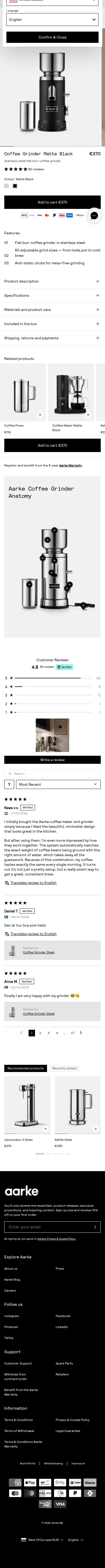aarke.com/en-roe/products/coffee-grinder-matte-black on mobile, full screenshot