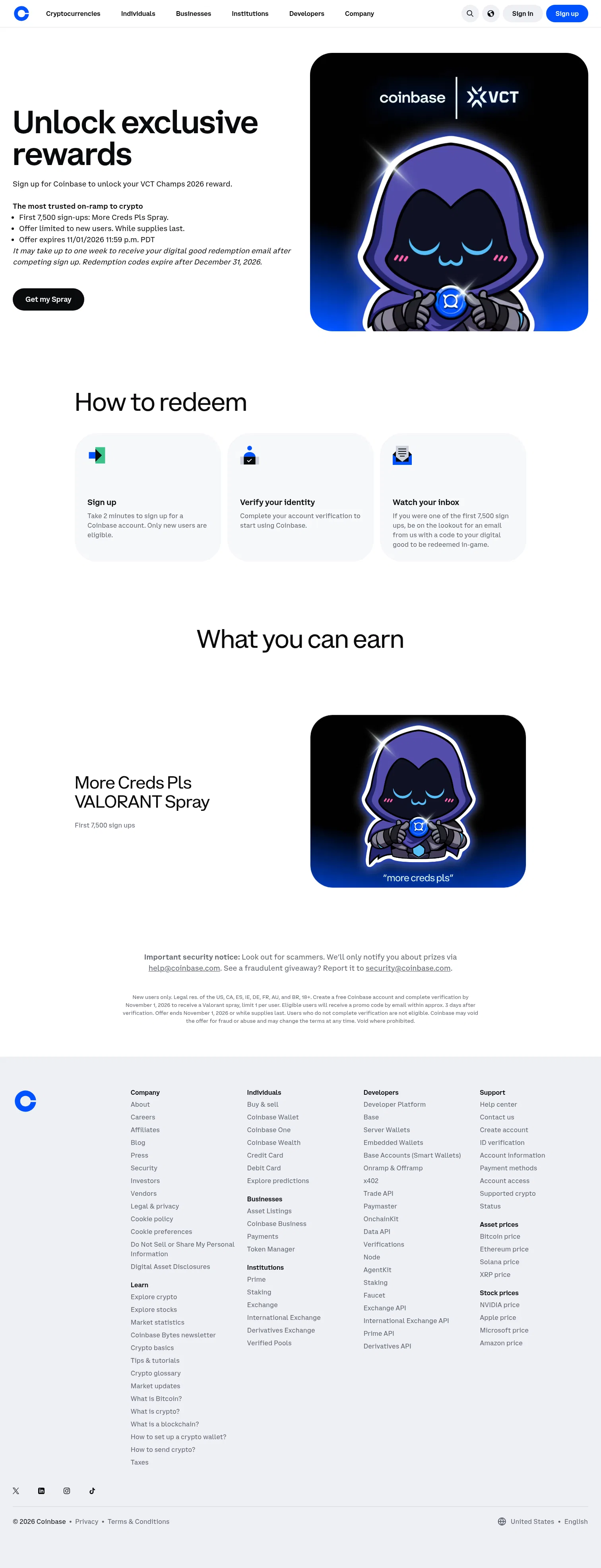 coinbase.com/campaigns/vctchamps_newuser_2026 on desktop, full screenshot