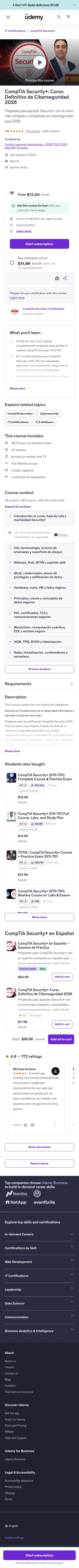 udemy.com/ciberseguridad-comptia-security-plus on mobile, full screenshot