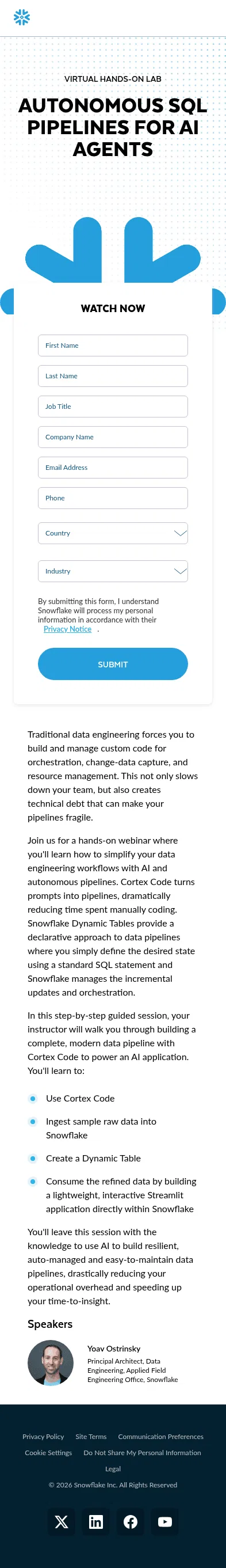 snowflake.com/en/webinars/virtual-hands-on-lab/autonomous-sql-pipelines-for-ai-agents-2026-09-22 on mobile, full screenshot
