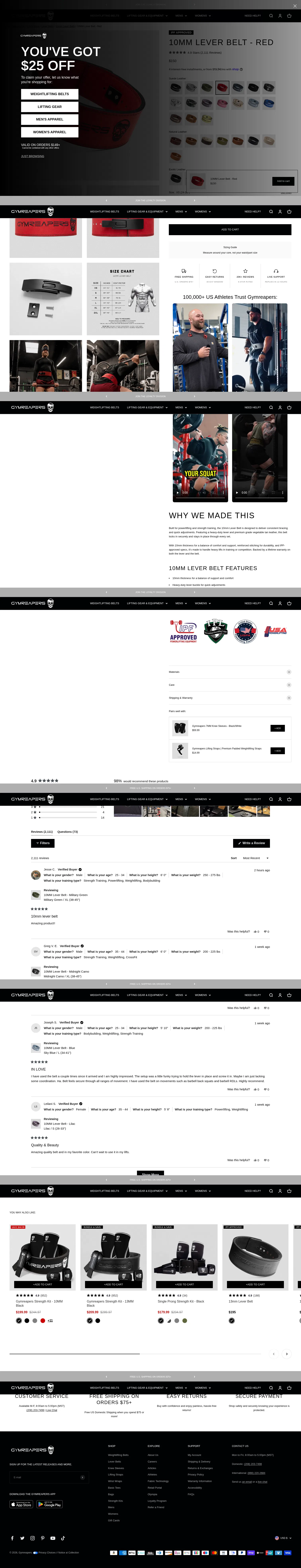gymreapers.com/products/10mm-lever-belt-red on desktop, full screenshot