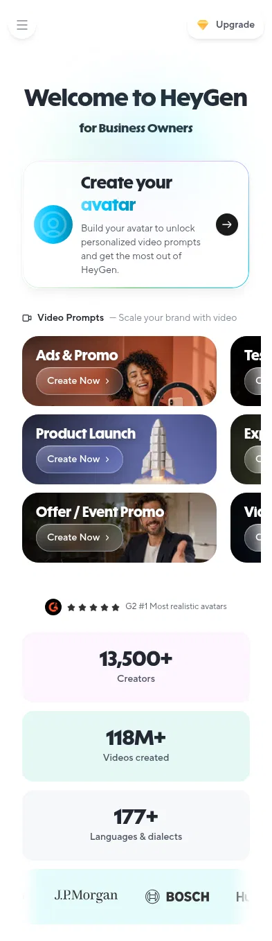 app.heygen.com/home/business on mobile, full screenshot