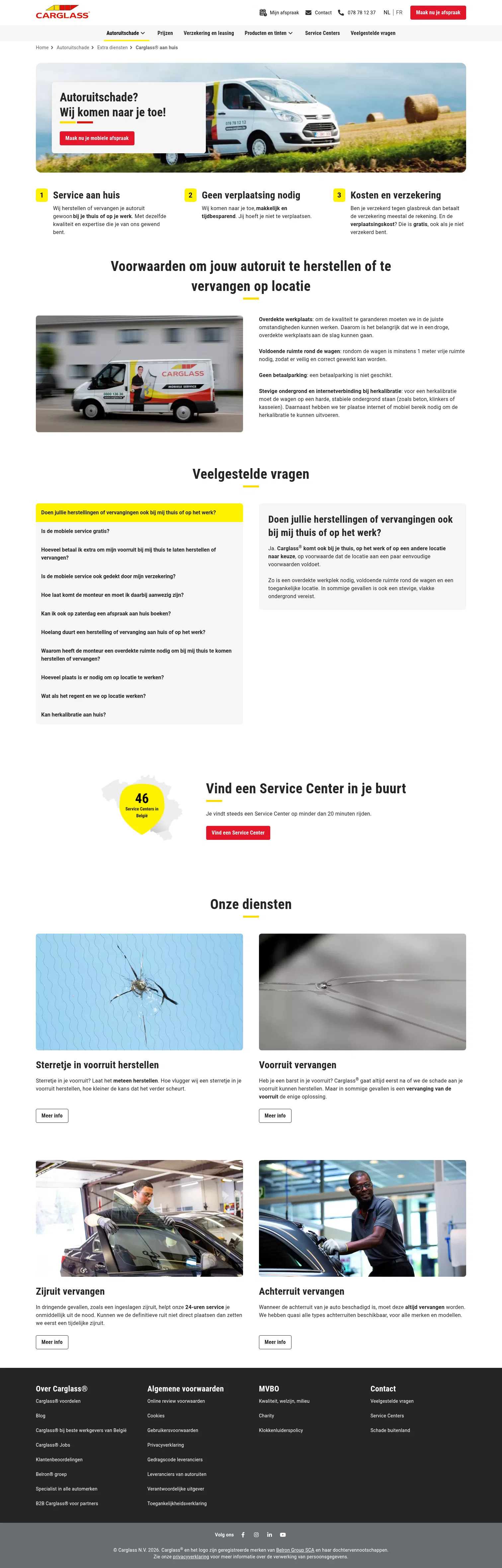carglass.be/nl/autoruitschade/extra-diensten/carglass-aan-huis on desktop, full screenshot