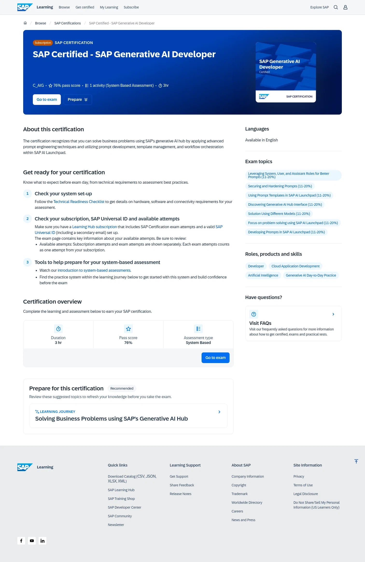 learning.sap.com/certifications/sap-certified-associate-sap-generative-ai-developer on desktop
