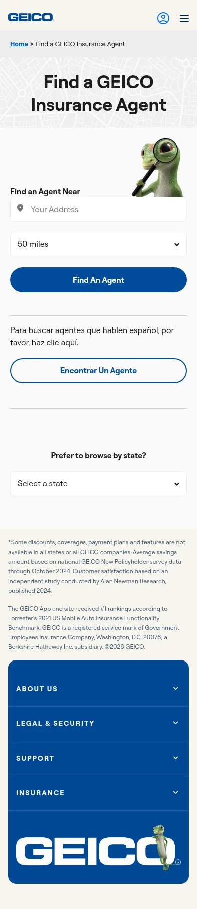 geico.com/insurance-agents on mobile, full screenshot