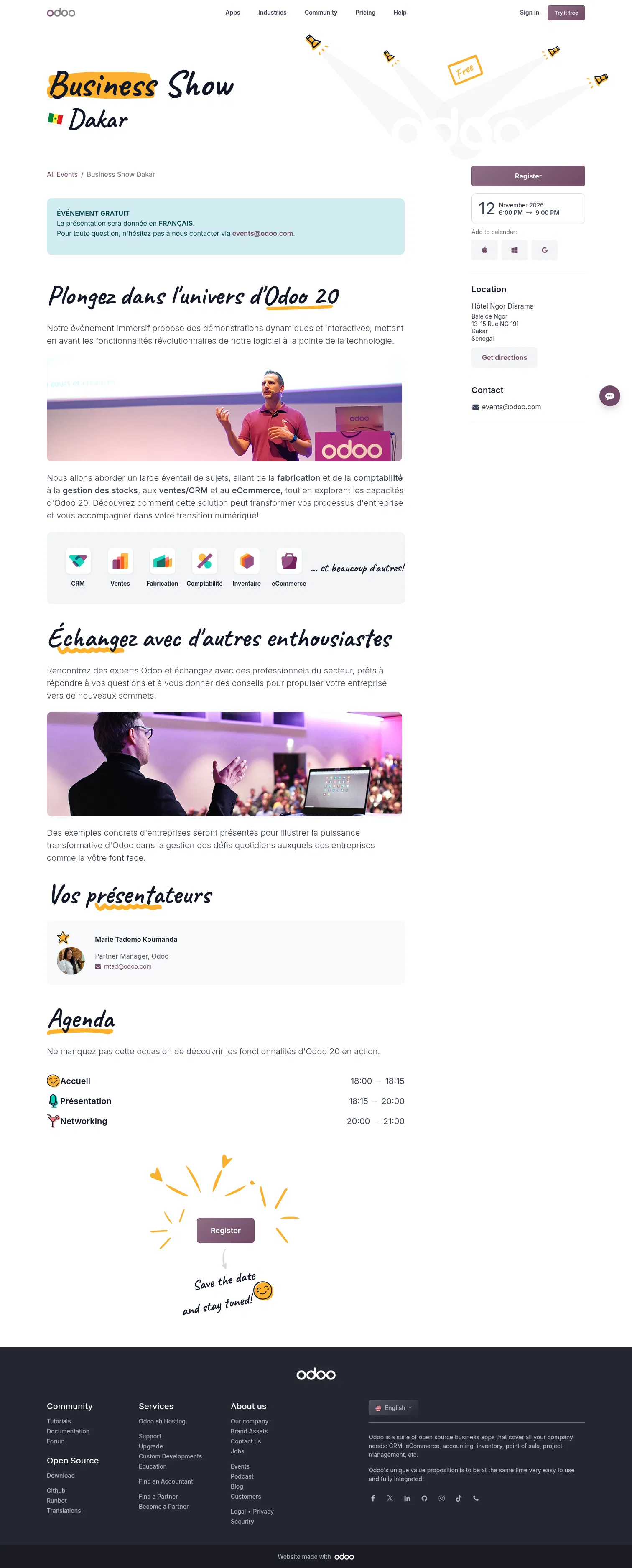 odoo.com/event/business-show-dakar-12695/register on desktop, full screenshot