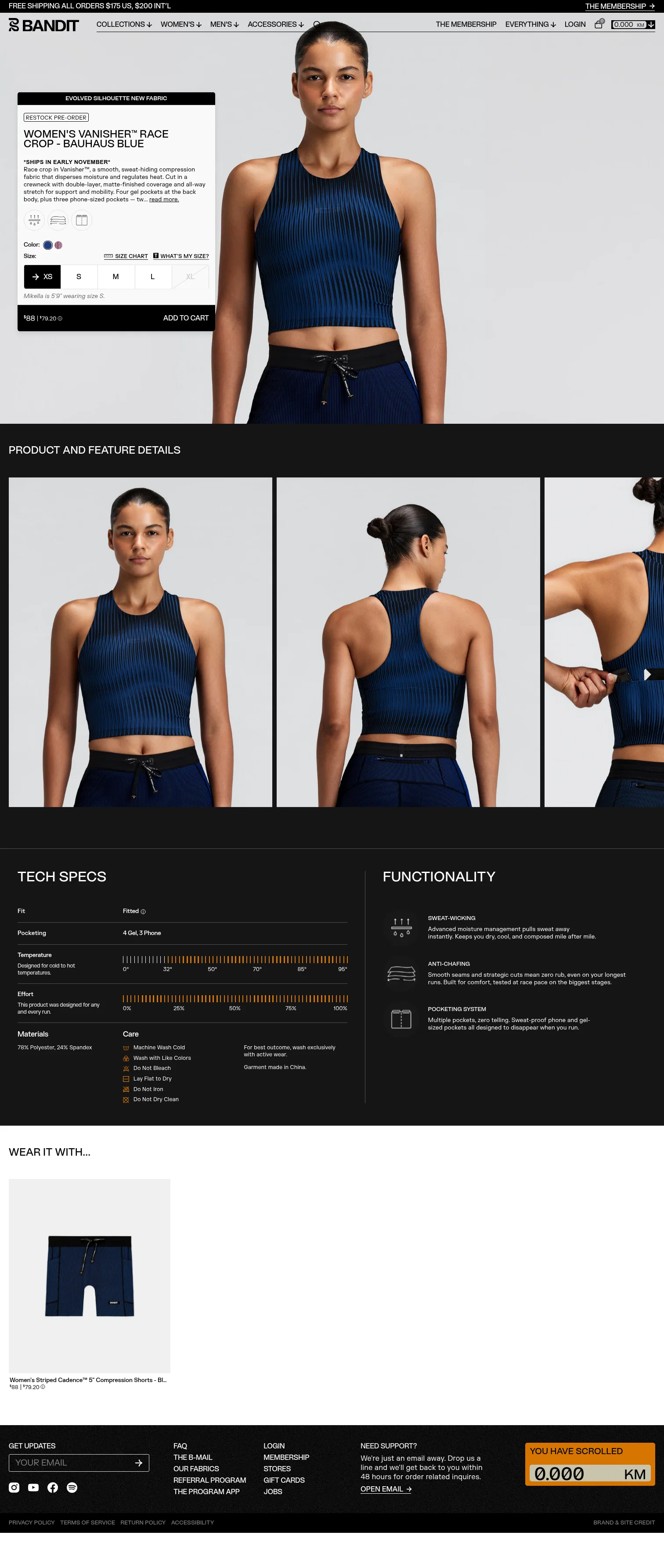 banditrunning.com/products/womens-vanisher%E2%84%A2-v-neck-race-crop-bauhaus-blue on desktop