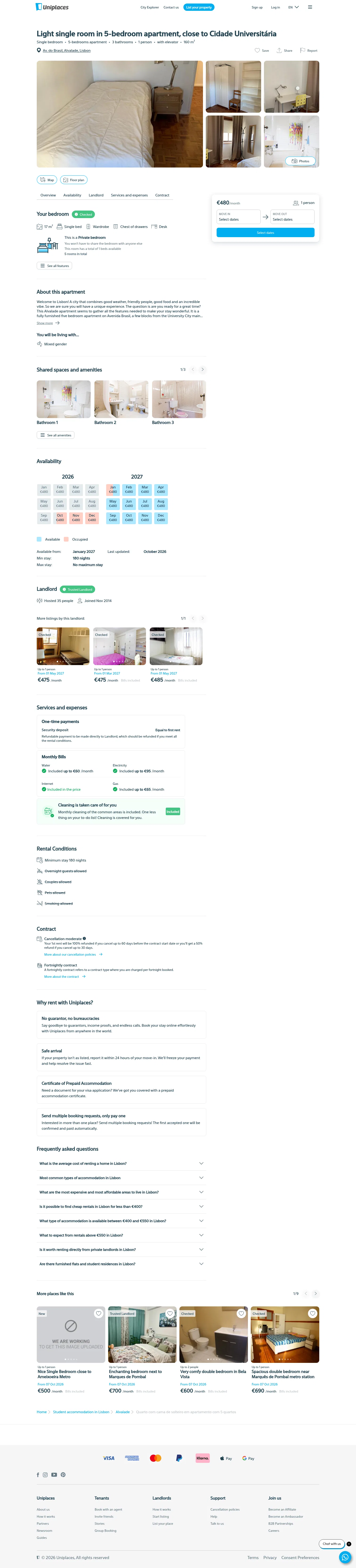 uniplaces.com/accommodation/lisbon/1075 on desktop, full screenshot