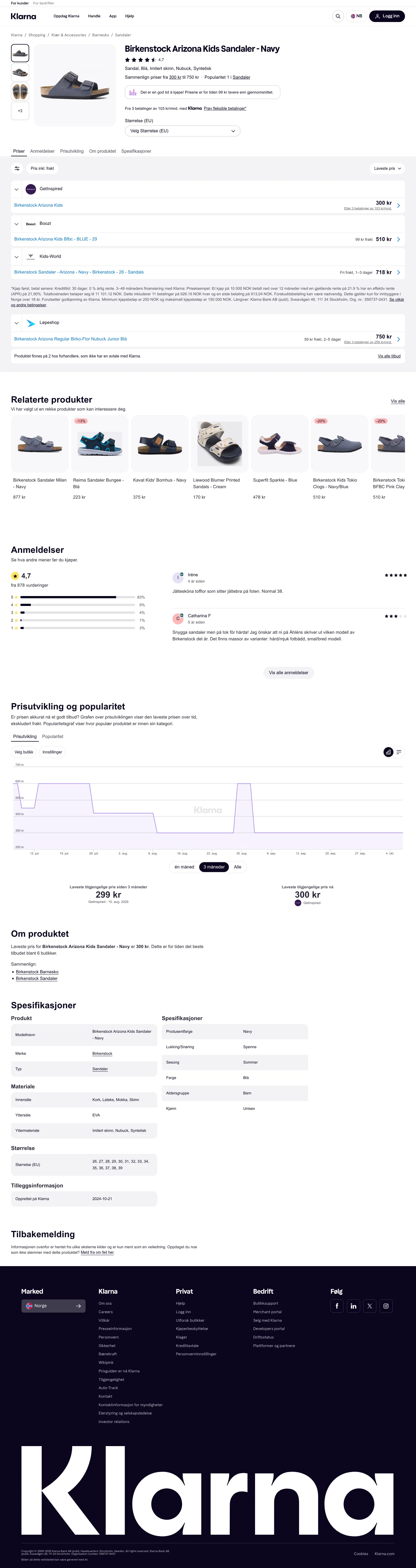 klarna.com/no/shopping/pl/cl1194/3348798381/Barnesko/Birkenstock-Arizona-Sandaler-Navy on desktop, full screenshot